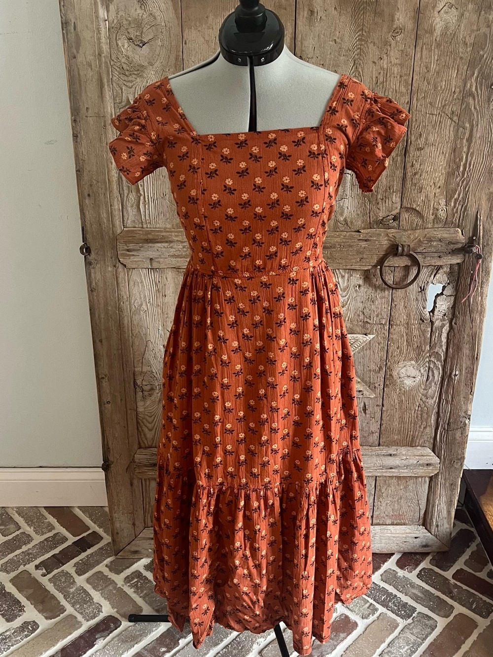 Madewell Orange/Pink Floral Square-Neck Midi Dress with Open Back